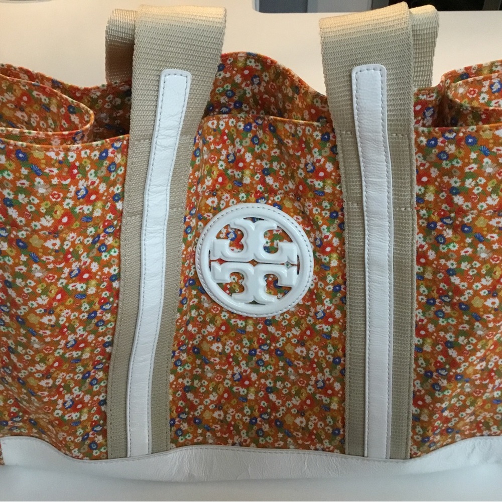 Tory Burch Orange Floral Canvas Satchel with White Trim